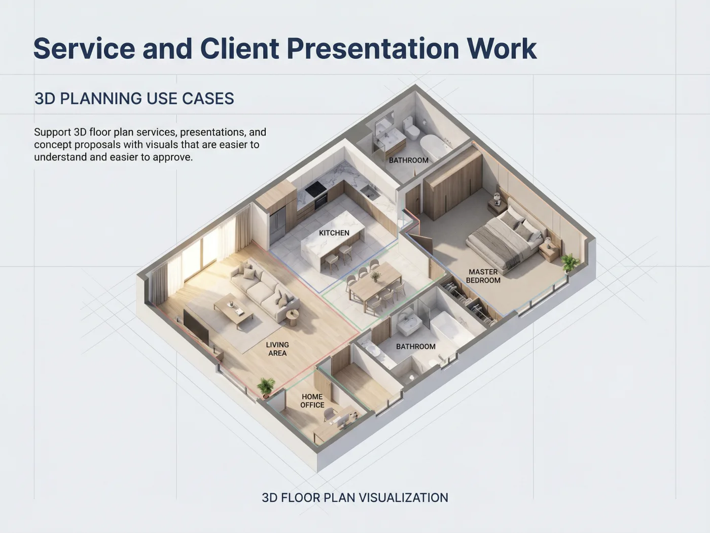 Visualización de plano 3D con zonificación clara de habitaciones y sugerencias realistas de muebles