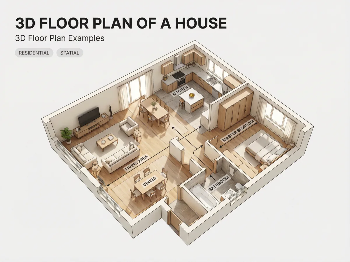 Visualización de plano 3D con zonificación clara de habitaciones y sugerencias realistas de muebles