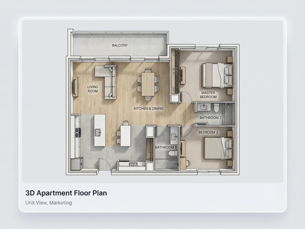 Visualización de plano 3D con zonificación clara de habitaciones y sugerencias realistas de muebles