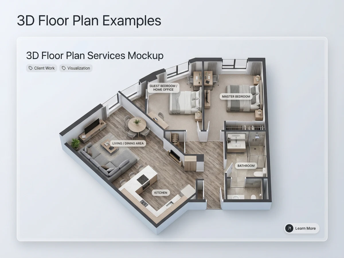 Visualización de plano 3D con zonificación clara de habitaciones y sugerencias realistas de muebles