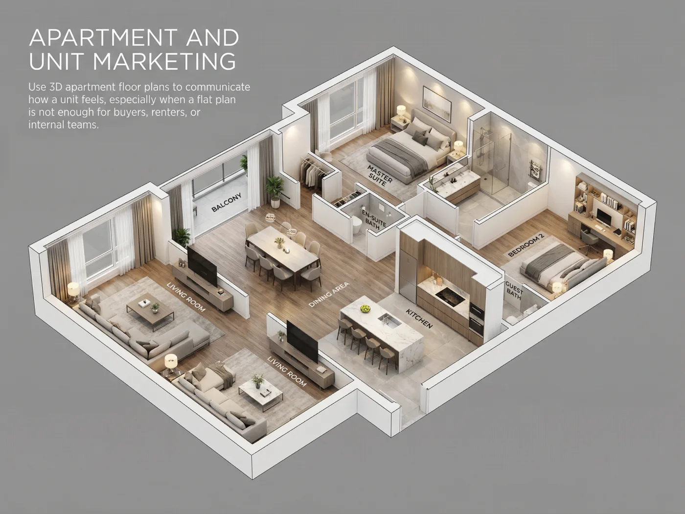 Visualización de plano 3D con zonificación clara de habitaciones y sugerencias realistas de muebles