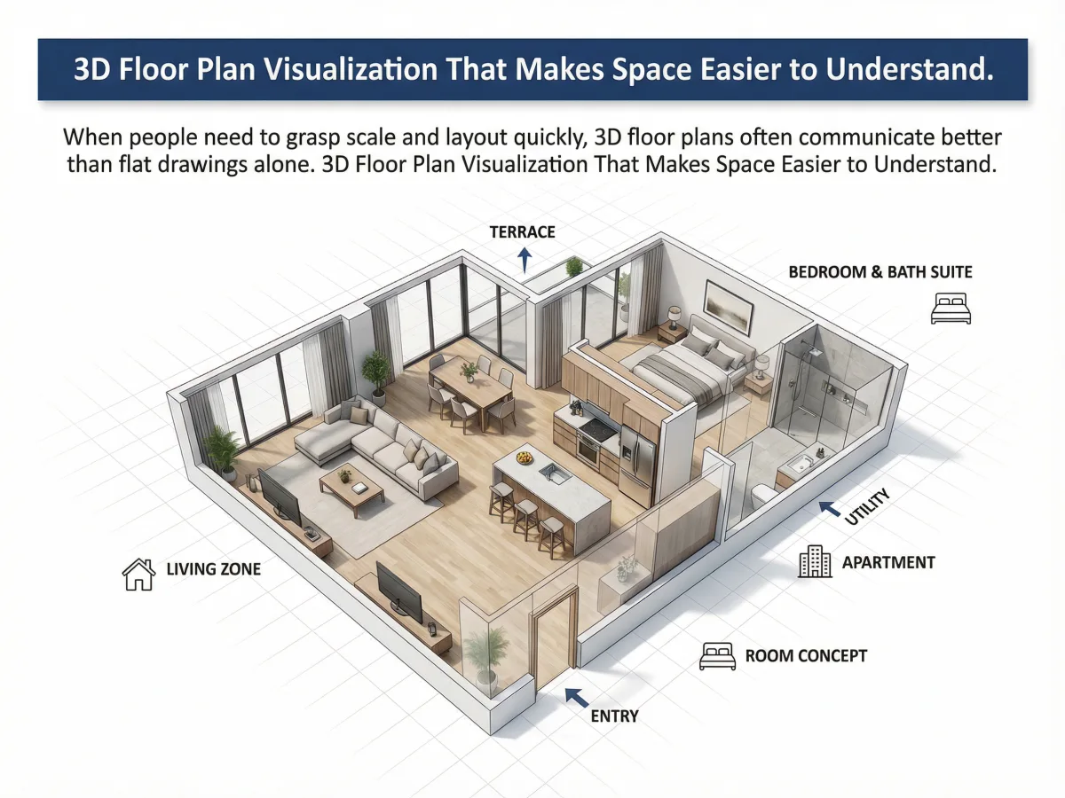 Visualización de plano 3D con zonificación clara de habitaciones y sugerencias realistas de muebles
