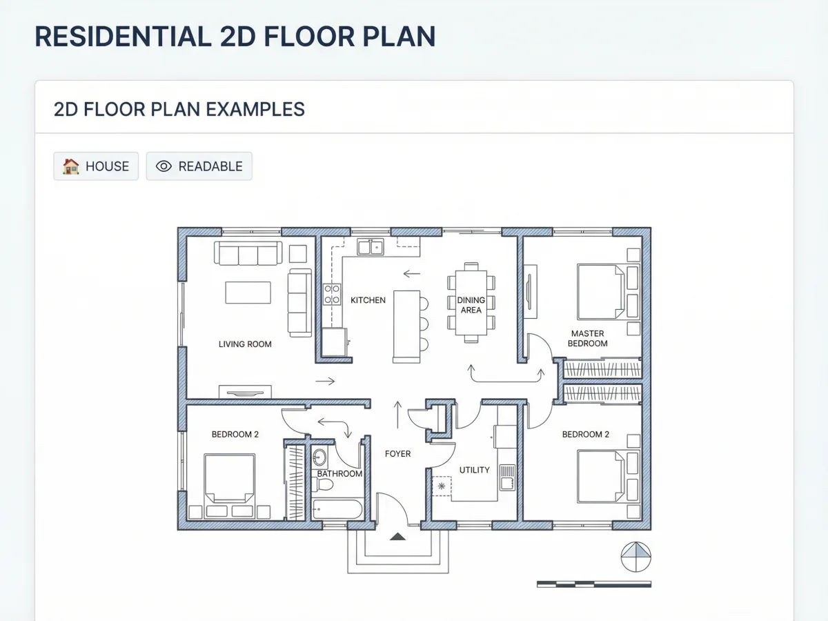 明確な部屋ラベルとシャープな建築ラインを持つ読みやすい2D間取り図