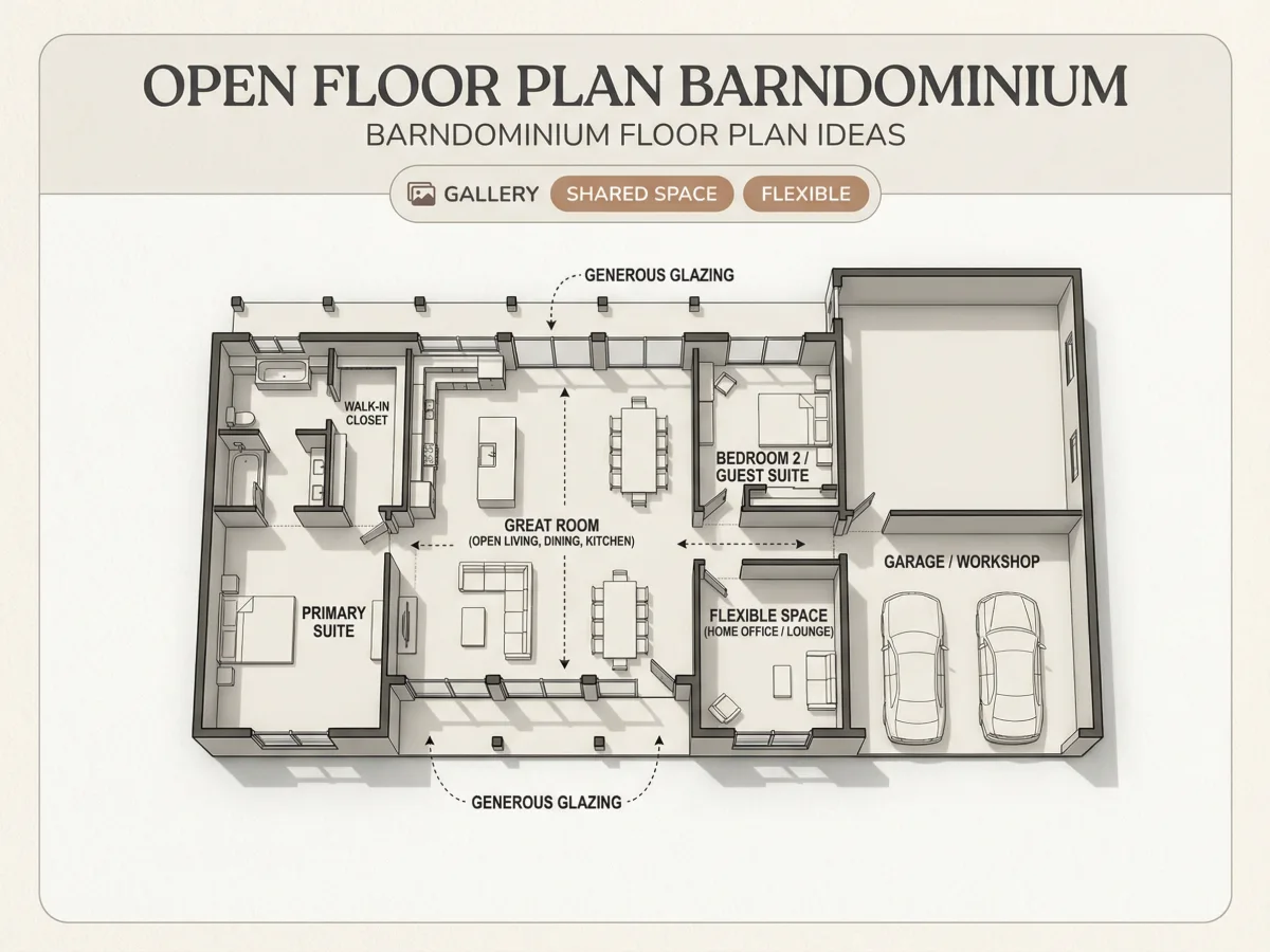 Barndominium de diseño vanguardista con forma inspirada en graneros y amplios ventanales