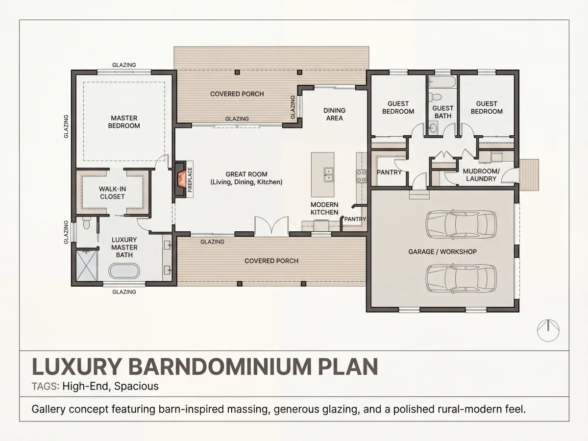 Barndominium de diseño vanguardista con forma inspirada en graneros y amplios ventanales