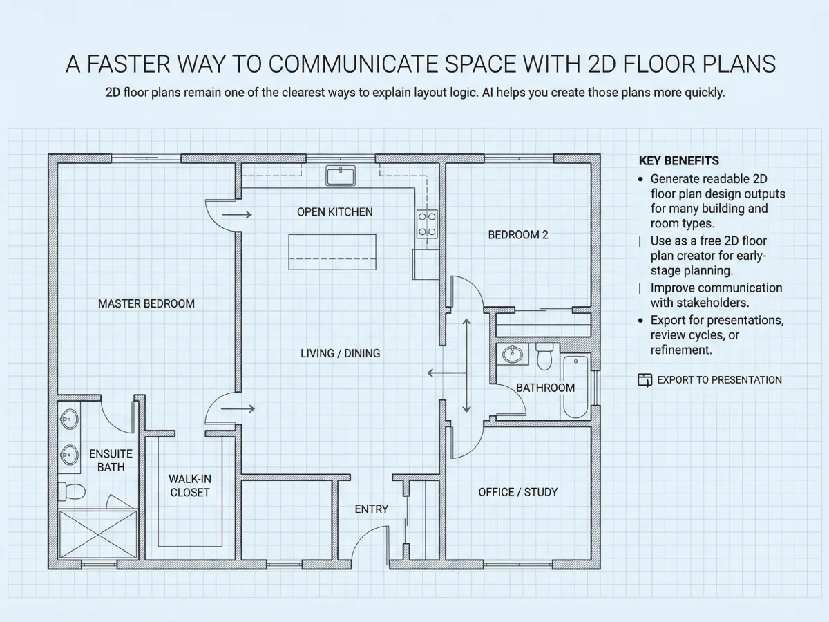 明確な部屋ラベルとシャープな建築ラインを持つ読みやすい2D間取り図