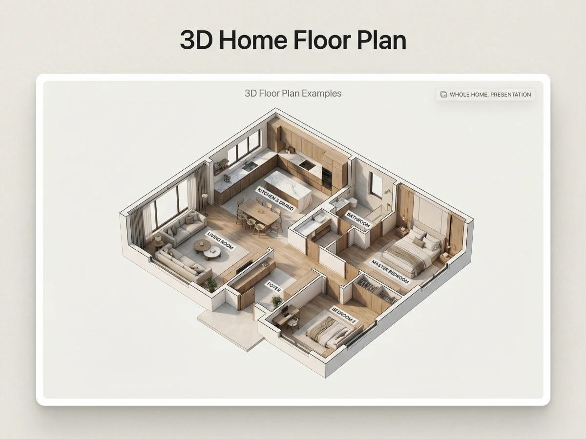 Visualización de plano 3D con zonificación clara de habitaciones y sugerencias realistas de muebles