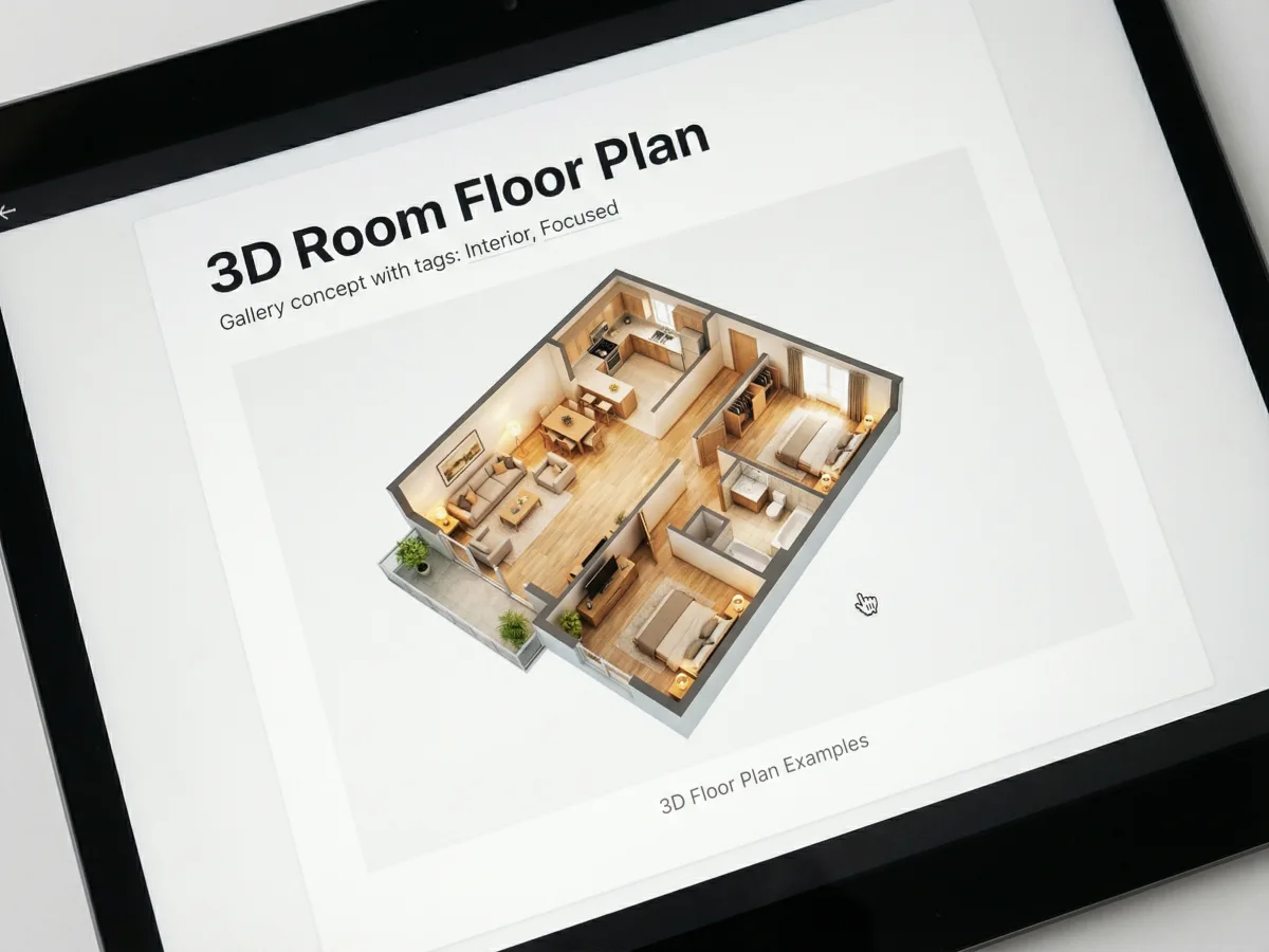 Visualización de plano 3D con zonificación clara de habitaciones y sugerencias realistas de muebles