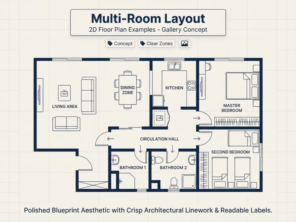 明確な部屋ラベルとシャープな建築ラインを持つ読みやすい2D間取り図