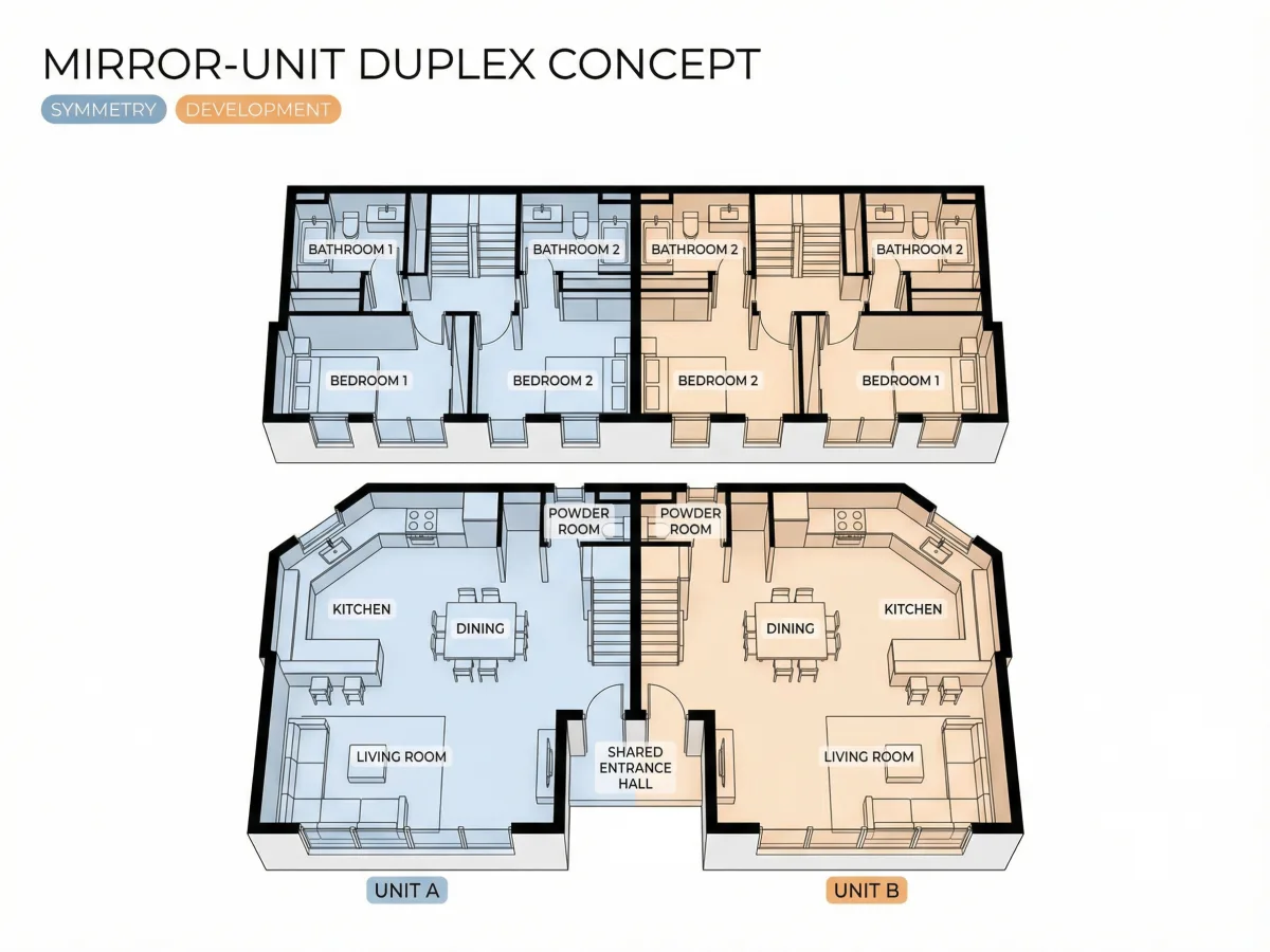 Concepto de dúplex con zonificación equilibrada, circulación práctica e identidad clara de la unidad