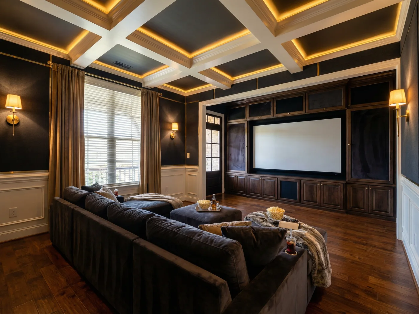 Dark cinematic home theater after AI redesign