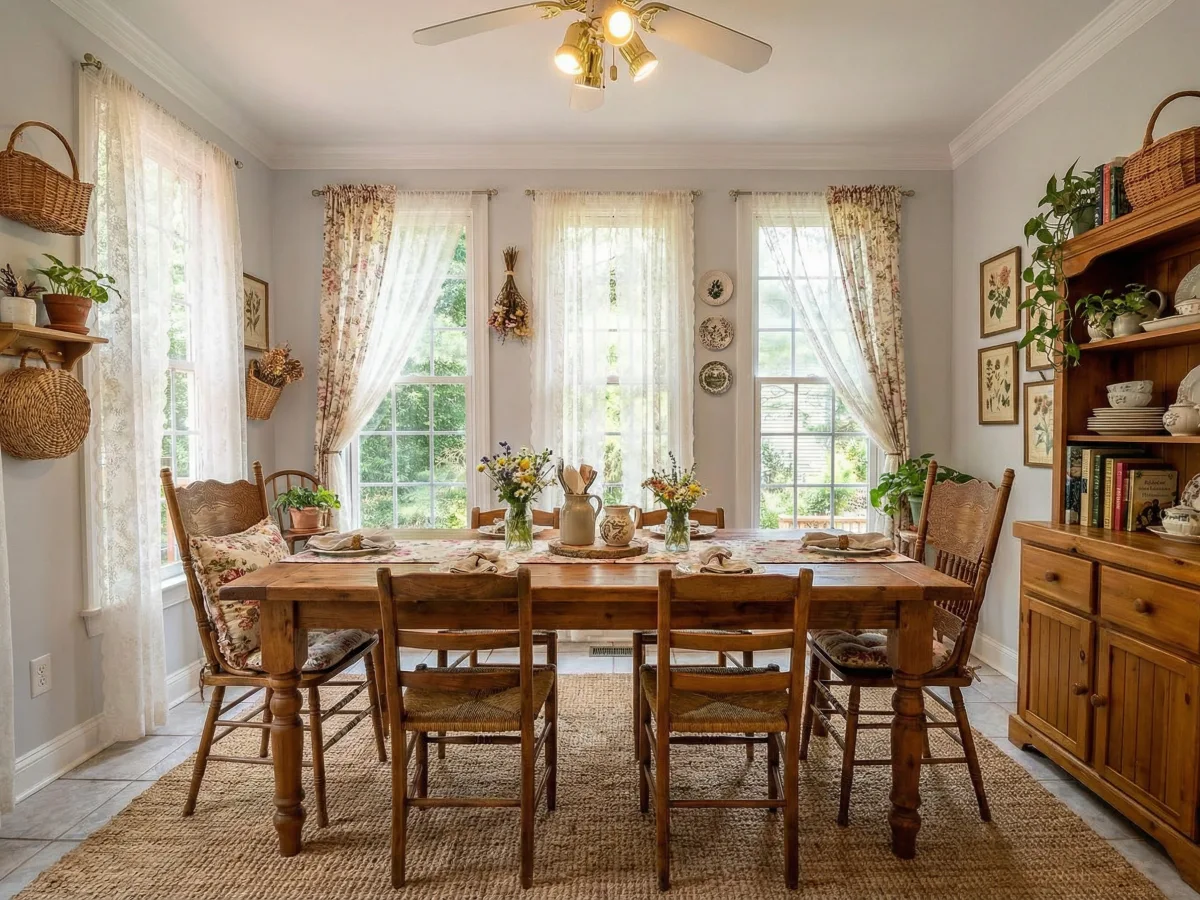 غرفة طعام cottage core بملمس دافئ وتفاصيل مختارة