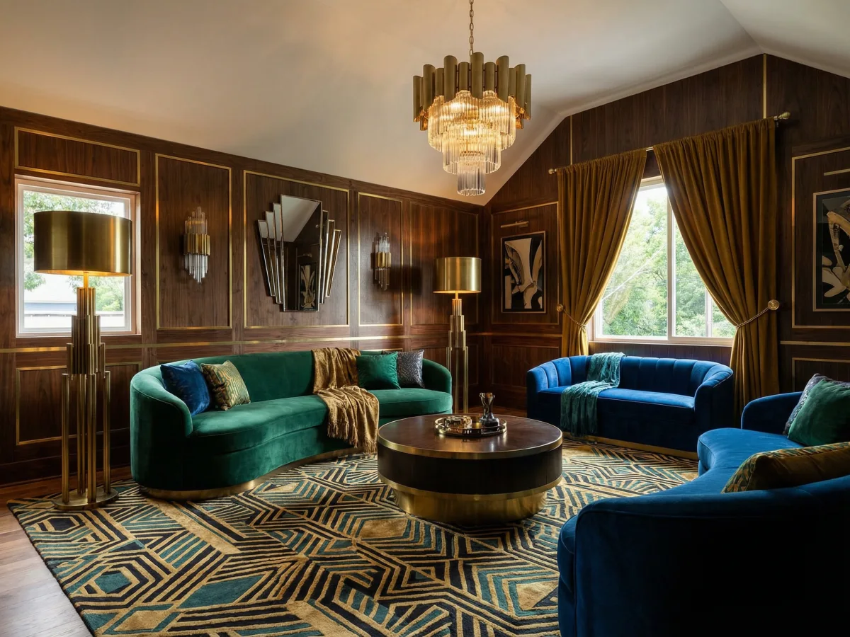 صالة art deco بهندسة جريئة ولمسات مادية ساحرة