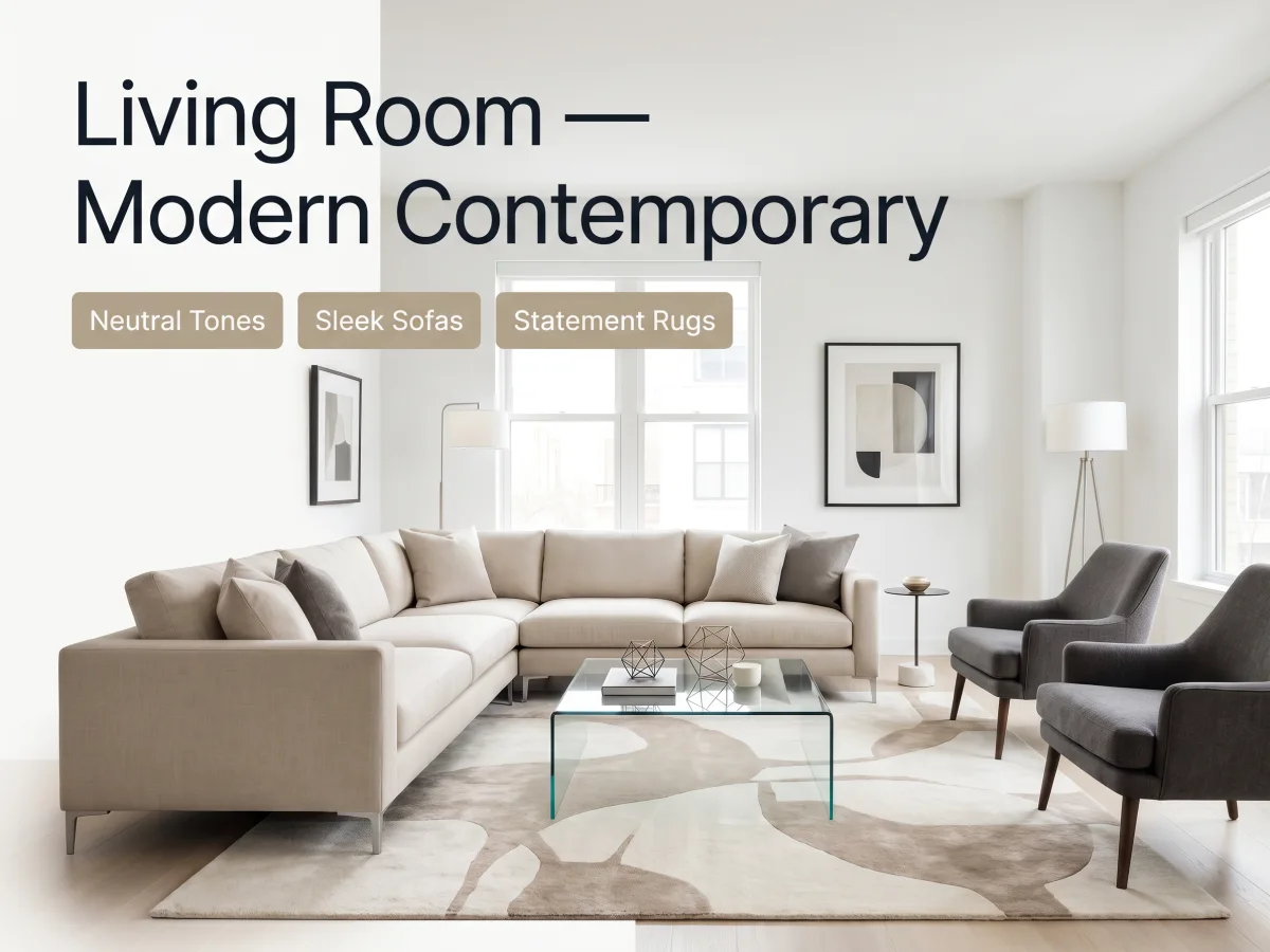 Modern contemporary living room with neutral tones and sleek furniture after AI staging