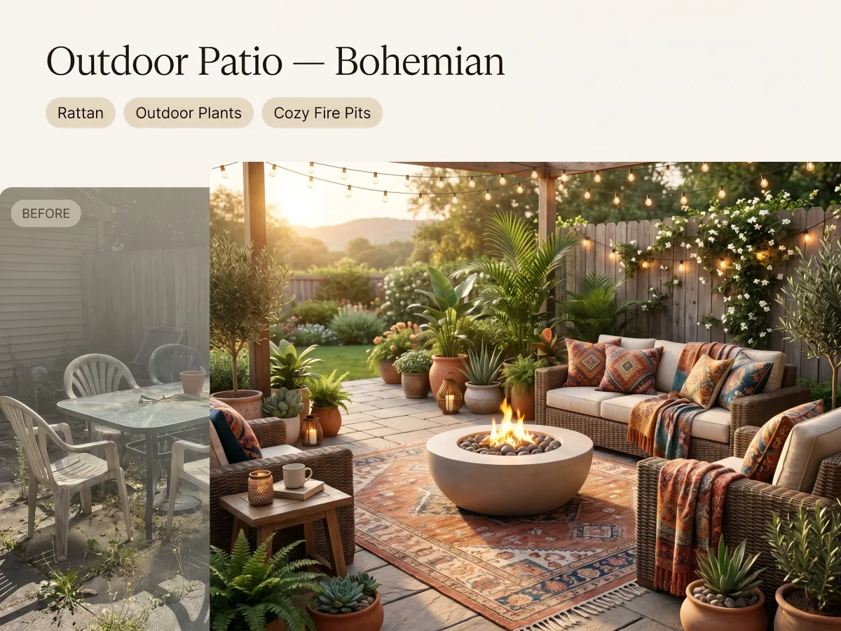 Bohemian outdoor patio with rattan furniture and plants after AI staging