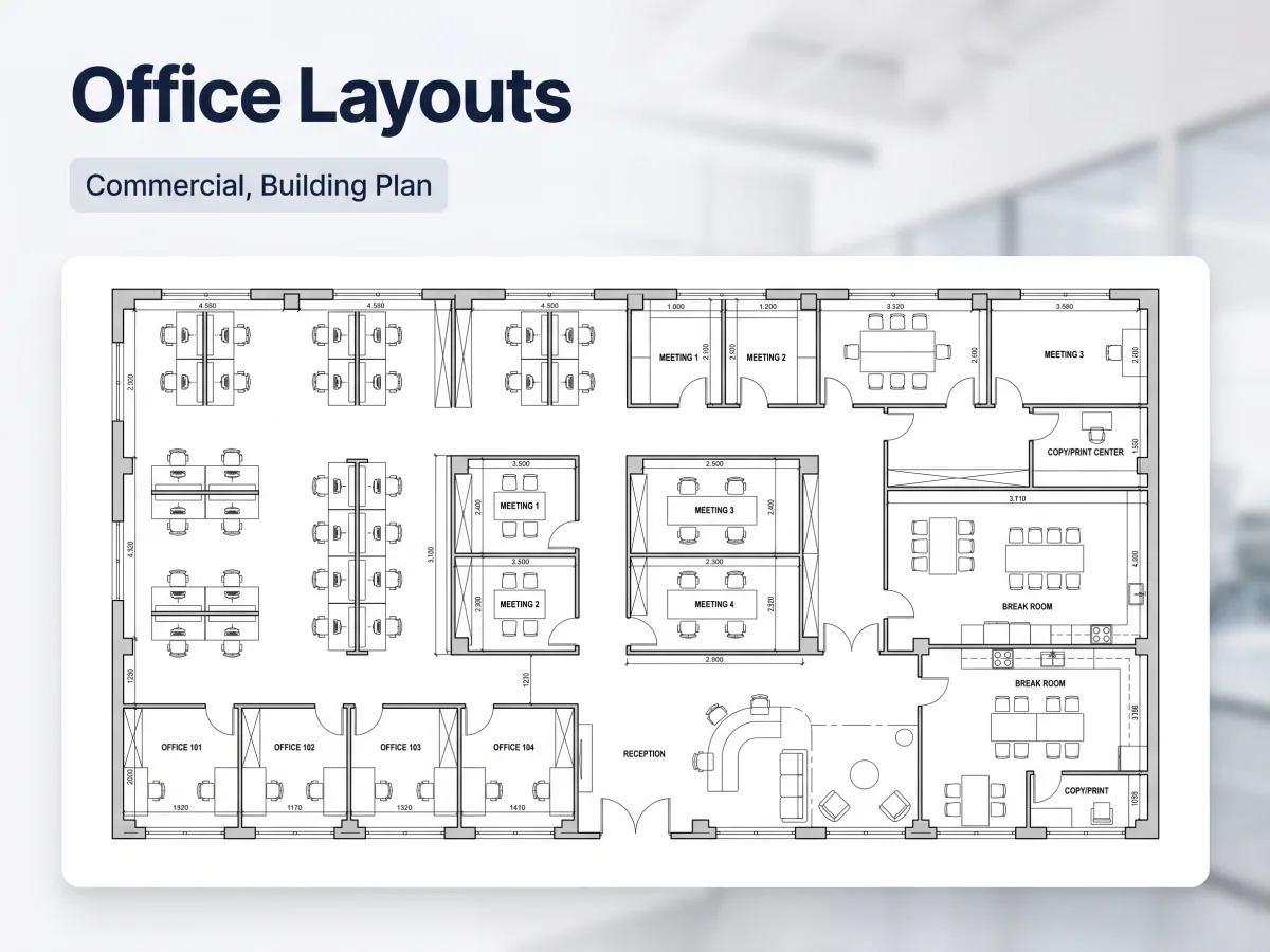 Dibujo de plano de edificio de oficinas comerciales con cubículos y salas de reuniones
