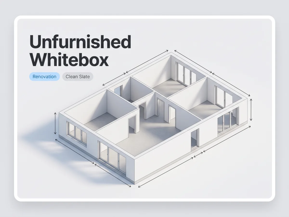 Whitebox 3D floor plan with clean white walls and precise dimensions