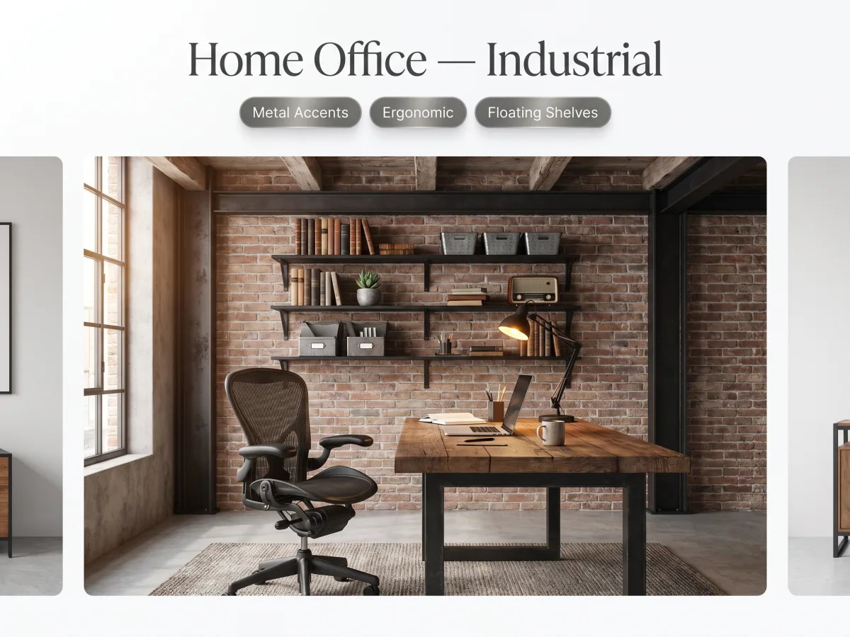 Industrial home office with metal accents and ergonomic desk after AI staging