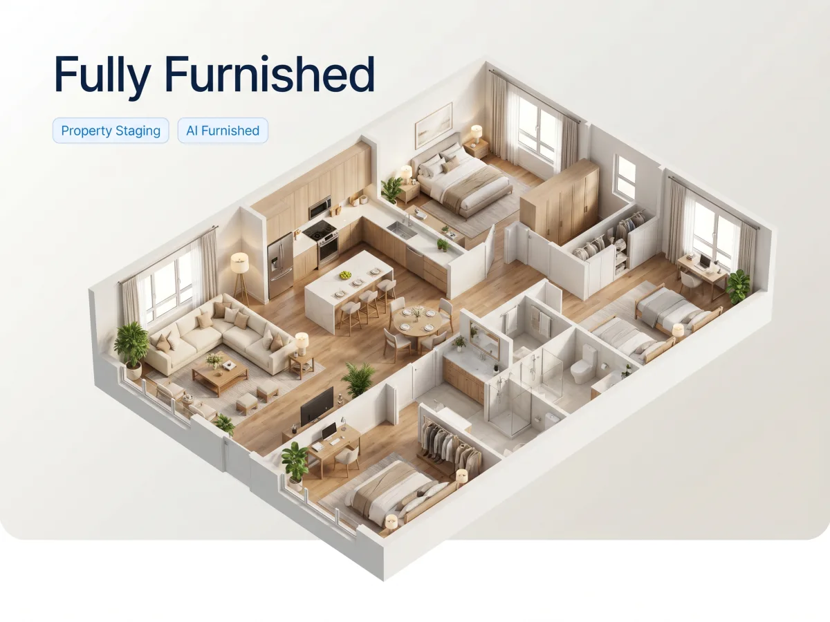 Fully furnished 3D floor plan with AI-populated furniture and decor