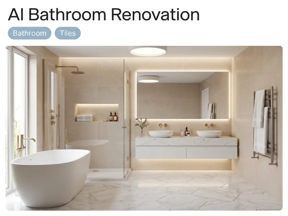 Renovación moderna de baño con IA con nuevos azulejos y tocador