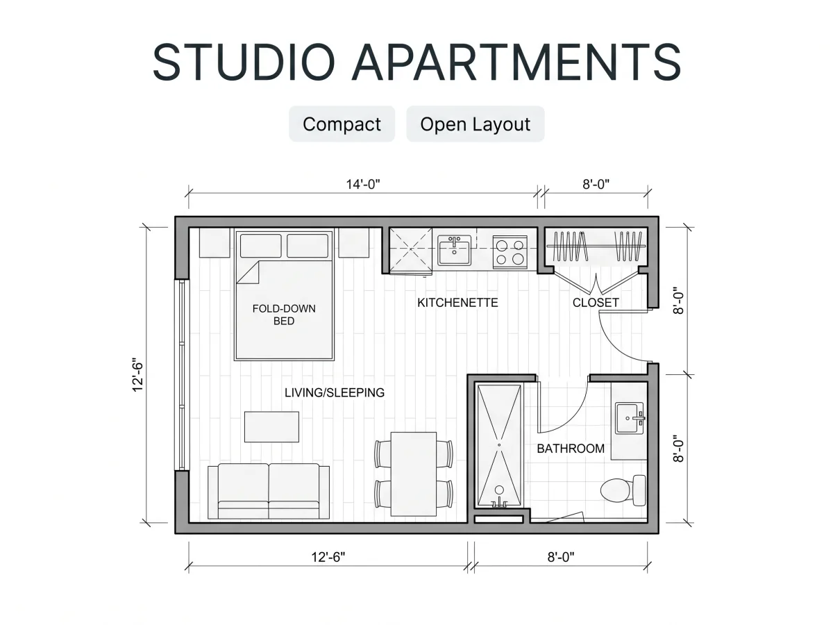 Dibujo de plano de planta de apartamento de un ambiente que muestra el uso eficiente de un espacio pequeño