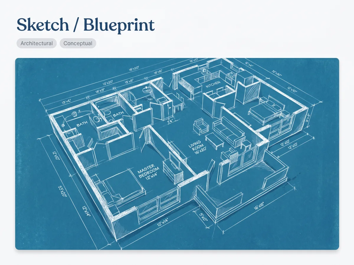 Sketch style floor plan with artistic lines and minimal color