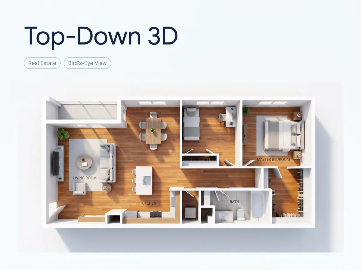 Top-down 3D view of a floor plan showing clear spatial layout