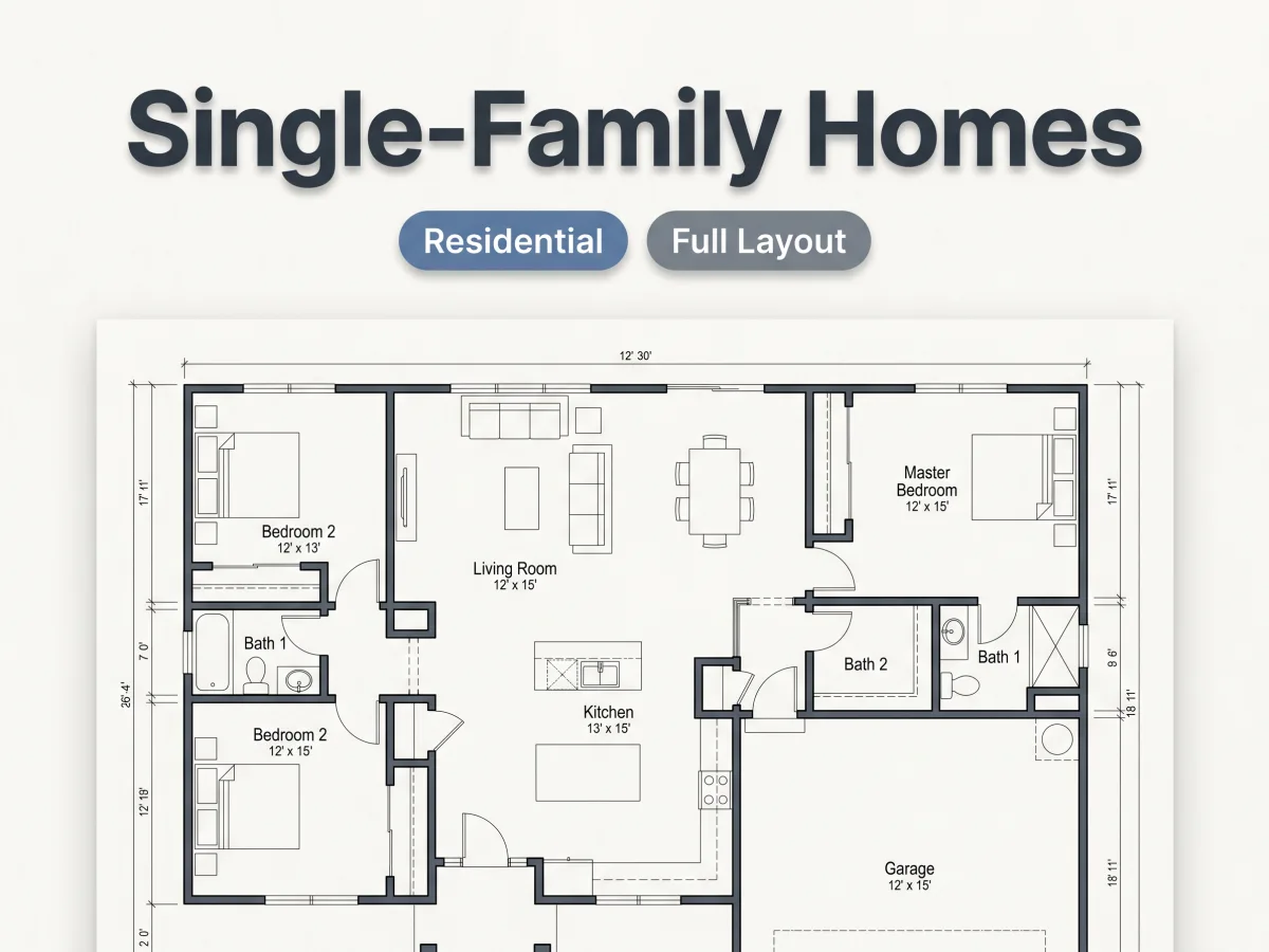 Dibujo de plano de planta de casa unifamiliar con múltiples habitaciones y dimensiones