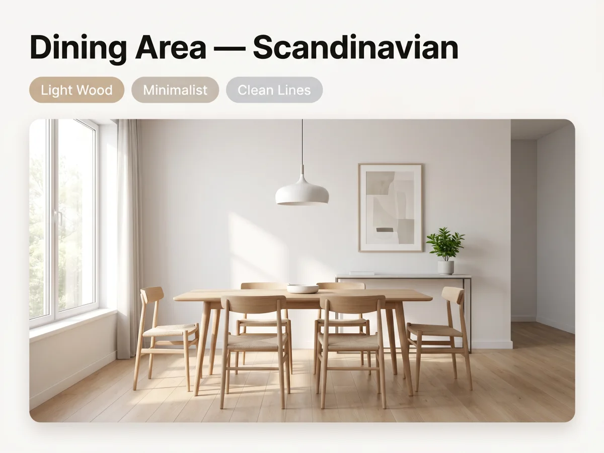Scandinavian dining area with light wood table and minimalist chairs after AI staging