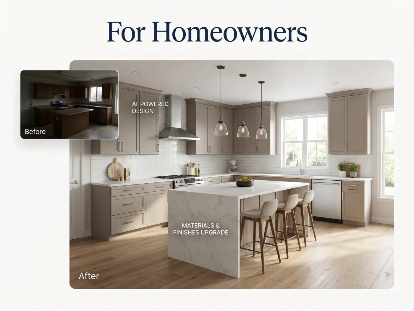 Propietario visualizando una renovación de cocina con IA