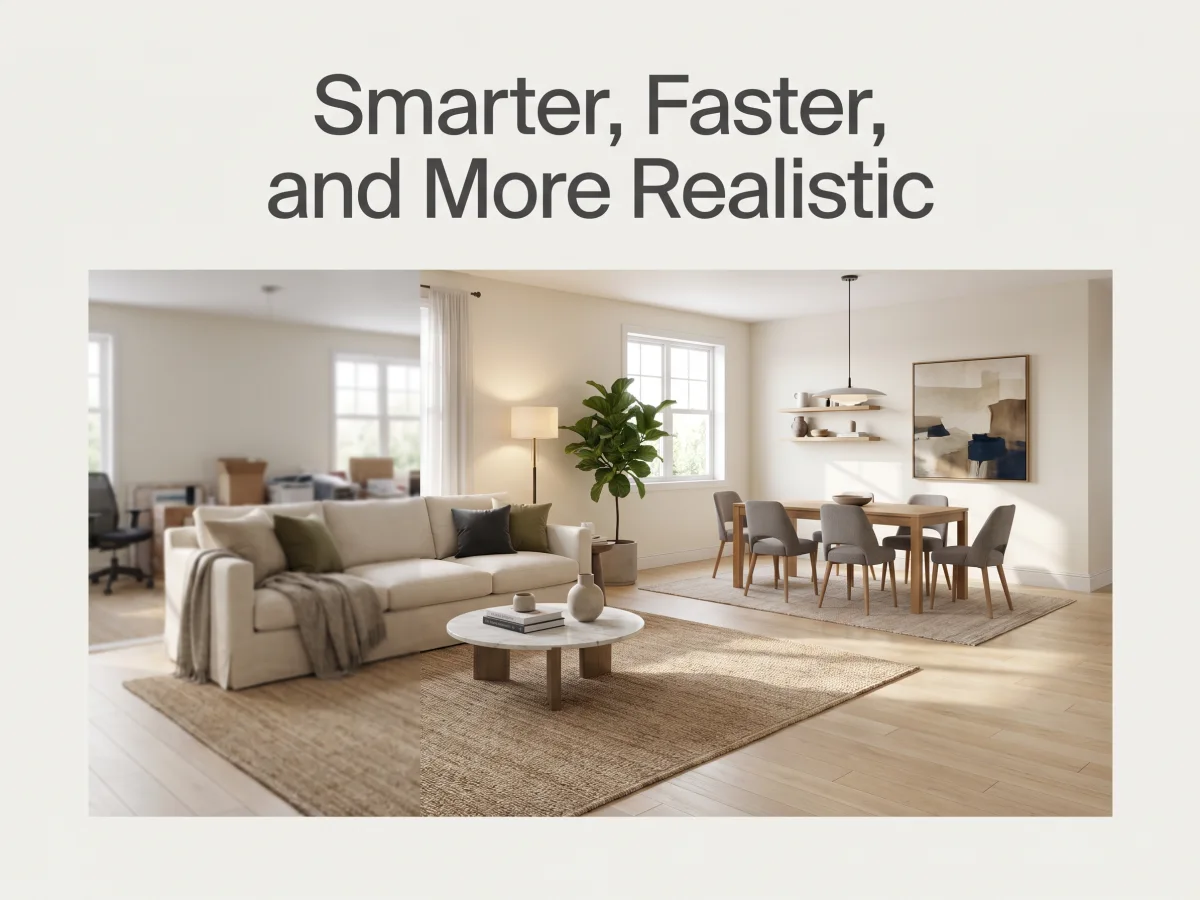 Beautifully staged modern living room with realistic furniture and lighting after AI furniture removal and staging