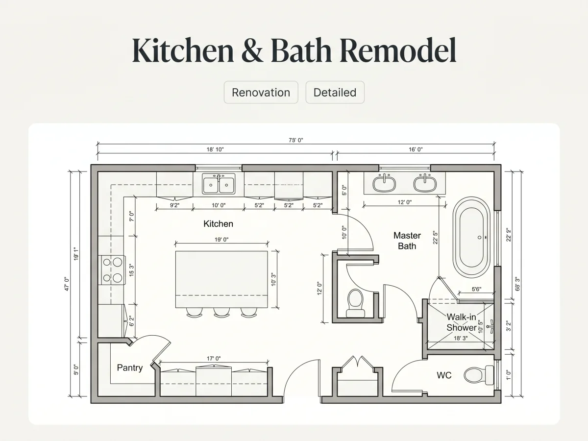 Dibujo de plano de planta de remodelación de cocina con ubicación de electrodomésticos y fontanería