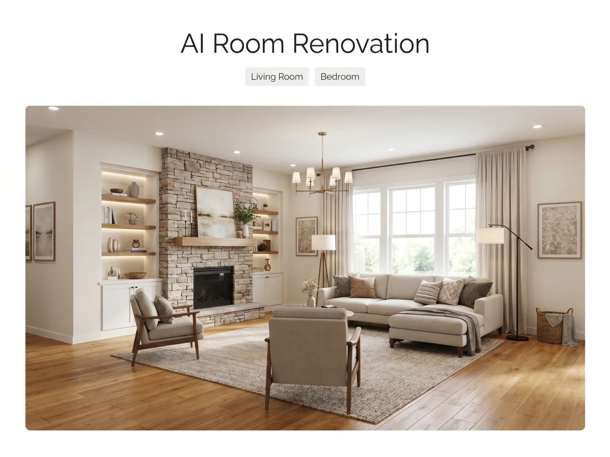 Renovación de habitación con IA mostrando transformación de sala de estar