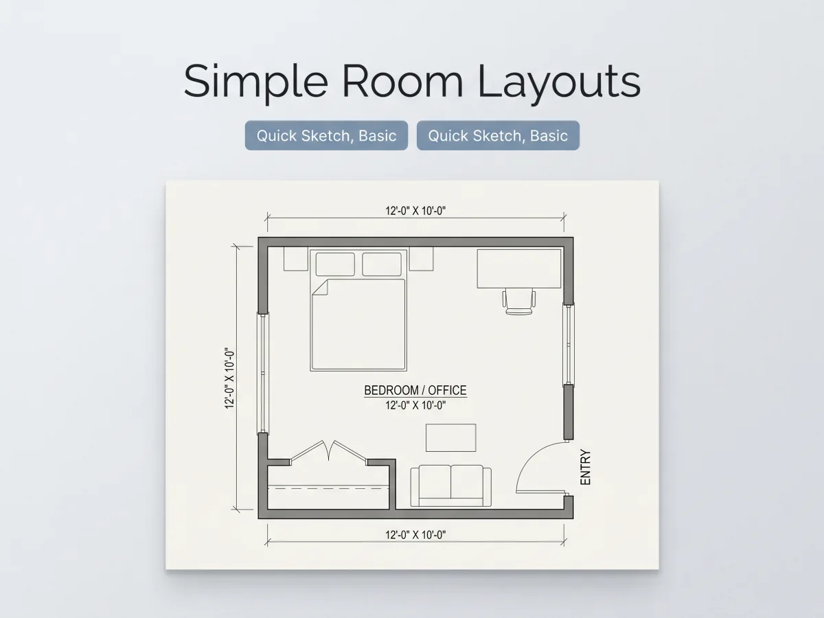 Boceto de plano de planta de habitación simple con distribución básica de paredes y muebles