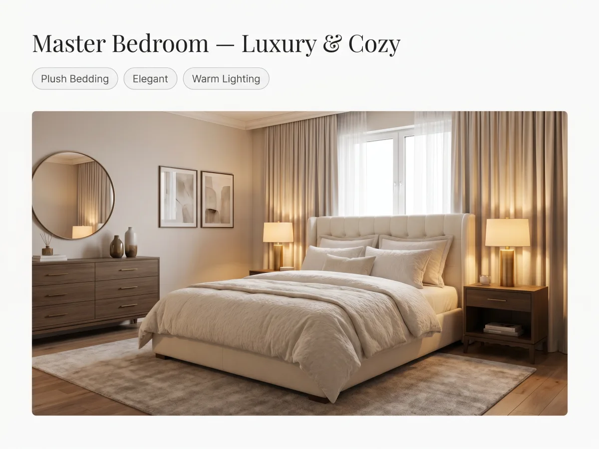 Luxury master bedroom with elegant nightstands and plush bedding after AI staging