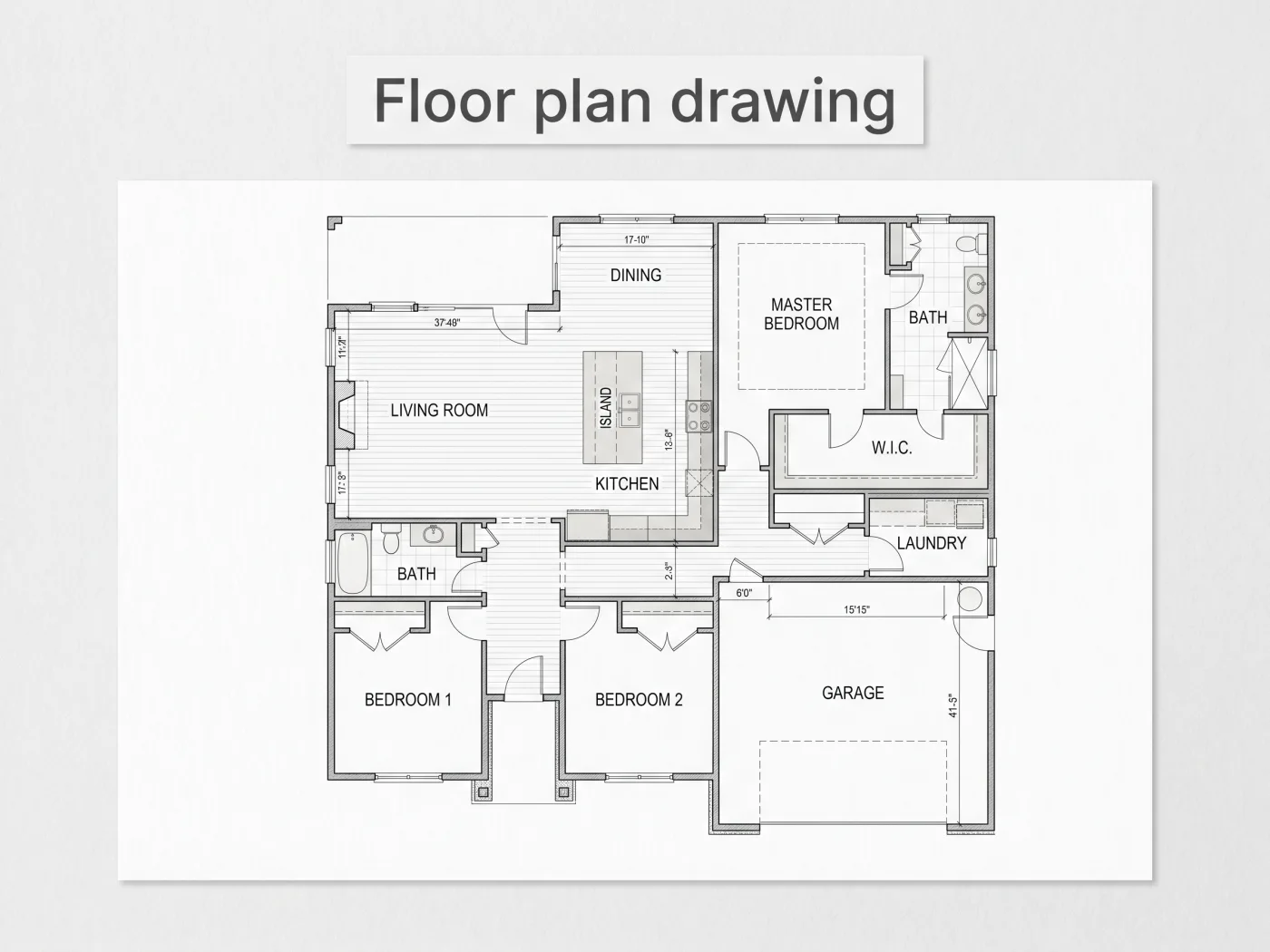 Professional floor plan drawing with precise dimensions and room labels