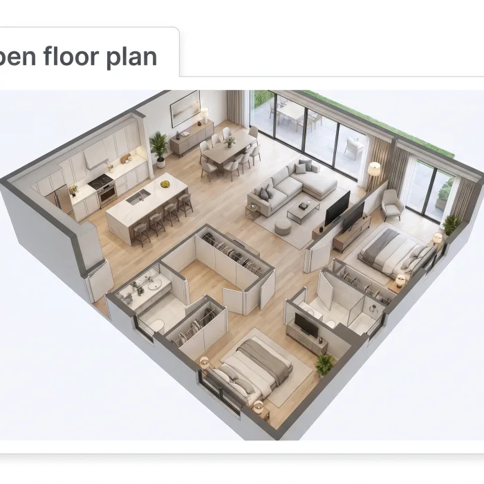 Open floor plan layout visualization with room labels