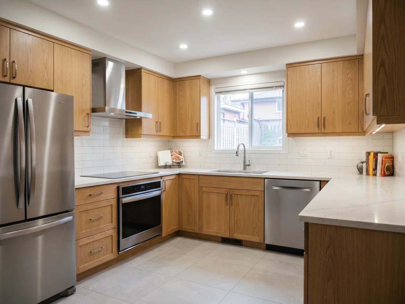 Sleek modern AI kitchen renovation with marble countertops and new lighting