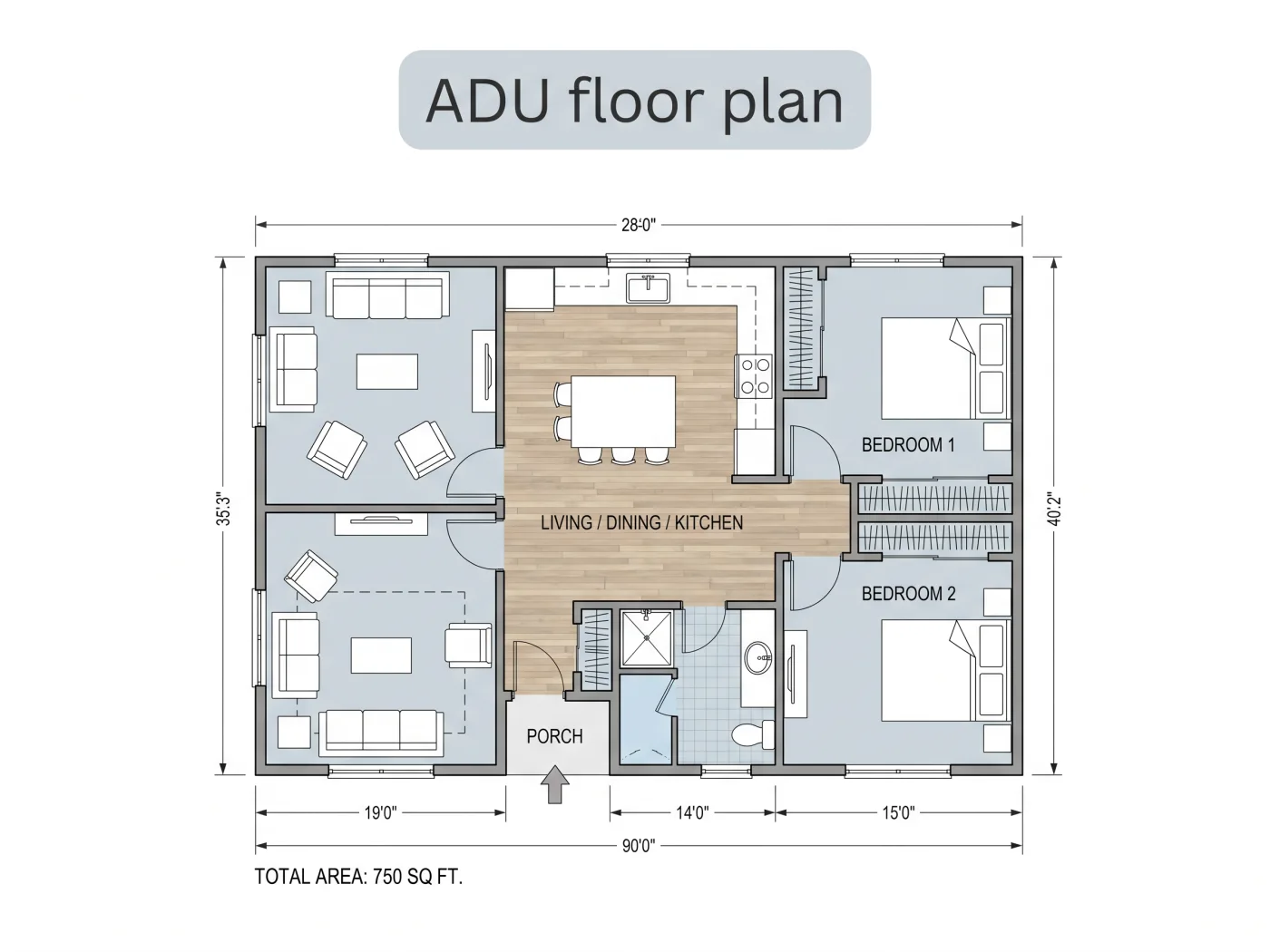 Modern ADU interior with open concept living and natural light