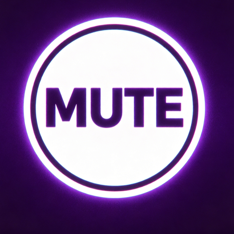 On a dark purple background, a glowing white ring contains purple “MUTE” text, creating a tech-savvy atmosphere with a mute prompt.