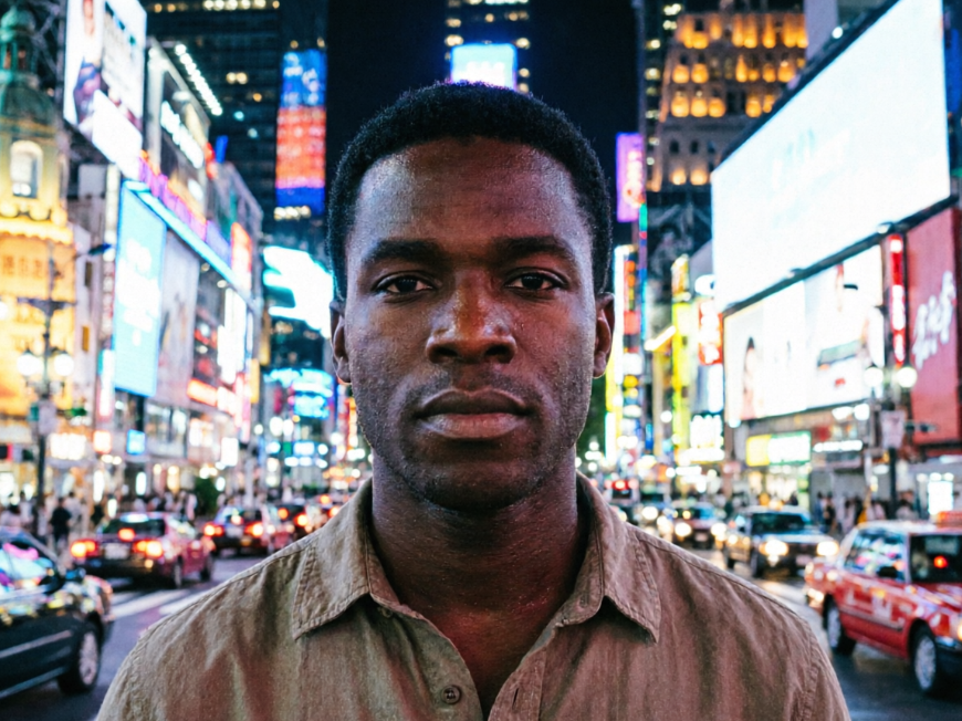 An American comic or semi-realistic illustration style image depicting a Black man standing on a busy city street. The background features blurred neon signs and traffic (resembling Times Square), with clear character outlines, strong light and shadow contrast, and a hand-drawn texture.