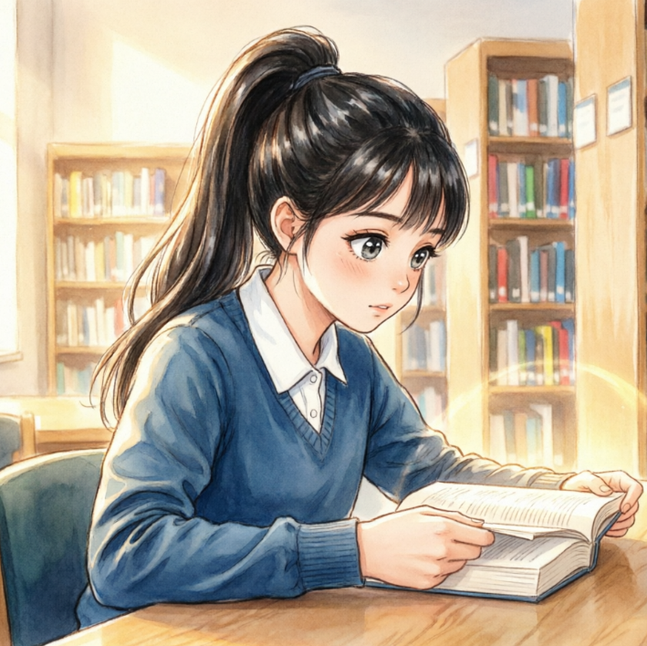 A fresh Japanese illustration style showing a girl with a high ponytail wearing a blue knit sweater and white shirt school uniform, sitting at a wooden desk reading intently. The background features organized bookshelves, with warm sunlight streaming in from the left, creating a quiet study atmosphere.