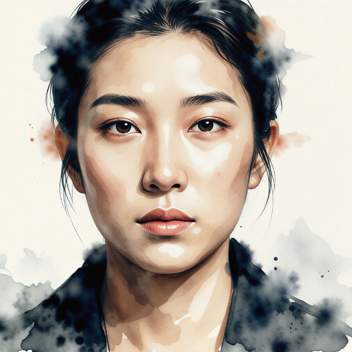 An artistic portrait of a young Asian woman using digital watercolor or ink wash techniques. Black ink bleeds naturally around her hair and collar, with soft facial lighting and a serene gaze against a minimalist background, evoking Eastern aesthetics.