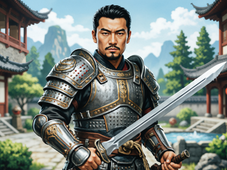 Enhanced version with realistic metallic sheen on armor, detailed rivets, and clearer mountainous backdrop, achieving cinematic rendering quality.