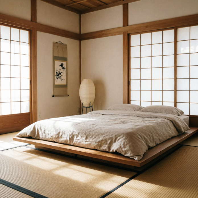 A serene Japanese-style bedroom featuring tatami flooring and a low wooden platform bed with neutral linen bedding. Traditional shoji screens serve as background, accompanied by a hanging ink wash painting and a white paper floor lamp, with soft natural light filling the room.