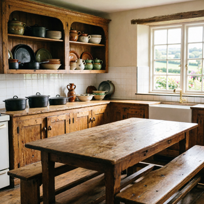 A nostalgic English country kitchen with rustic wooden cabinets and a long table showing natural grain and patina. Open shelves display ceramic jars, cast iron pots, and glazed bowls. Beside the window is a white ceramic sink overlooking pastoral scenery — warm, earthy, and full of homely charm.