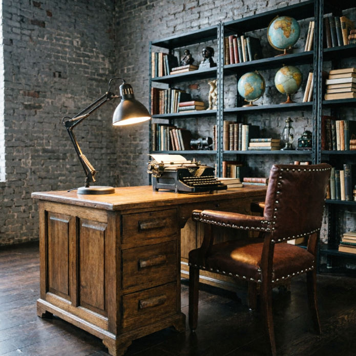 A nostalgic vintage study featuring tall dark metal bookshelves filled with old books, globes, and figurines against the wall. In the foreground is a heavy solid wood desk with an antique typewriter and a lit metal lamp, accompanied by a brown leather riveted armchair, creating a textured and atmospheric setting.