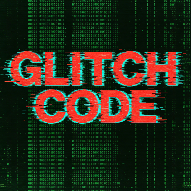 Cyberpunk-style glitch art with green binary code background and large red text “GLITCH CODE” featuring pixel distortion and color shift effects, simulating system crash or data interference.