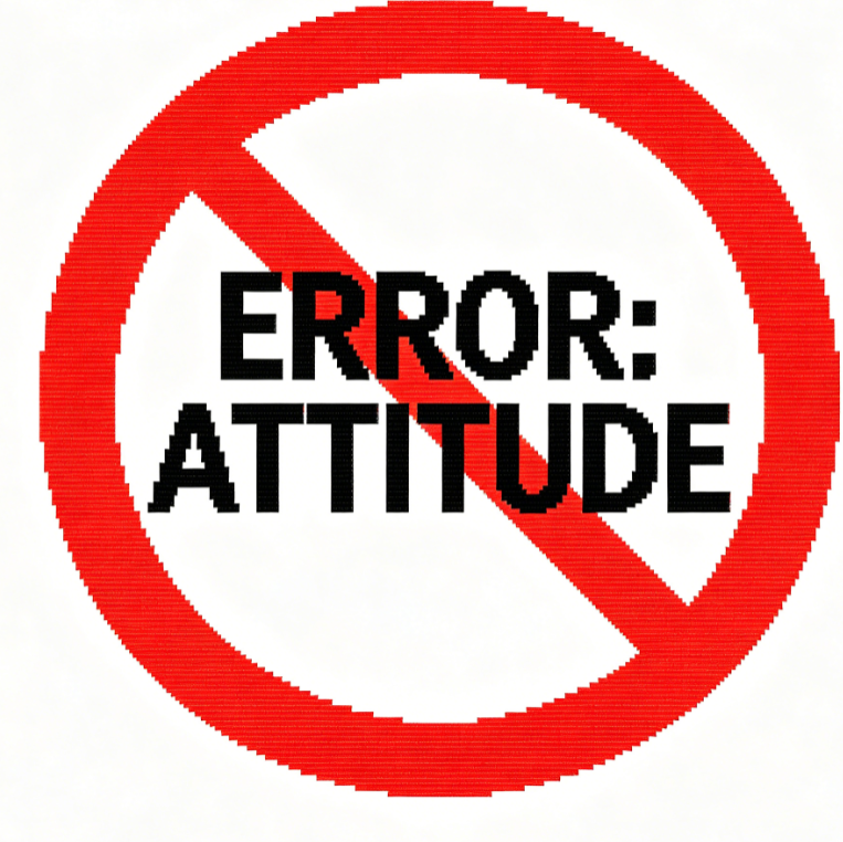 On a white background, a red prohibition circle contains black pixelated text “ERROR: ATTITUDE”, conveying a warning or rejection of a certain attitude.