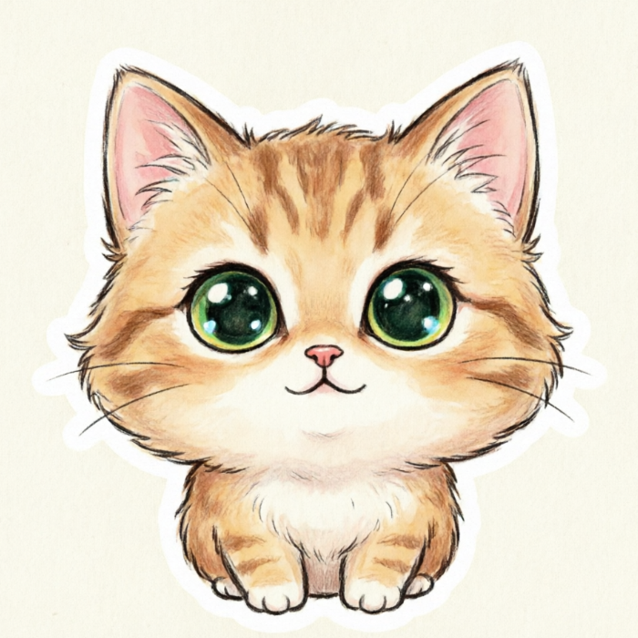 A hand-drawn chibi-style illustration of a golden shaded kitten. The cat features oversized emerald green eyes, a round face, and warm orange-and-white fur, sitting in a sticker-like pose with a white outline border.